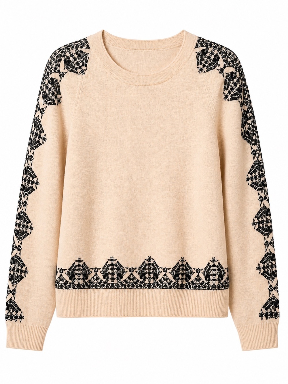 J Crew Women’s,Peach Cream/Black Marino Wool,Embroidered Sweater.Size-Small.